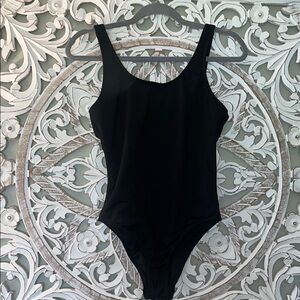 PINK Victoria Secret Black High Cut Deep Back One Piece Swimsuit sz S EUC